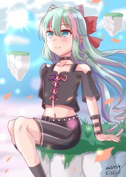 1boy androgynous blue_eyes blue_hair blue_sky cone_hair_bun crossdressing crossdressing_(mtf) dot_zip drill_hair fire_emblem fire_emblem_engage floating_island hair_between_eyes hair_bun hair_horns highres long_hair nintendo pink_hair rosado_(fire_emblem) sky smile solo sun trap