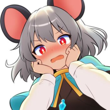 1girl absurdres animal_ears blue_capelet blush brown_shirt capelet commentary_request from_below full-face_blush grey_hair hands_on_own_cheeks hands_on_own_face highres jewelry long_sleeves looking_at_viewer mouse_ears nazrin necklace newbear open_mouth pendant red_eyes shirt simple_background solo touhou white_background