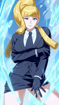 1girl arm_under_breasts black_gloves black_skirt blazer blonde_hair blue_eyes breasts cryokinesis gloves high_ponytail highres jacket kolin long_hair necktie pencil_skirt ponytail skirt solo street_fighter street_fighter_v yagi2013