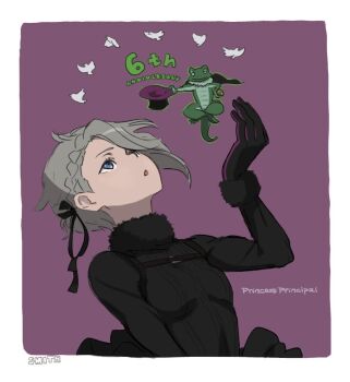 Rule 34 | 0321smith, 1girl, ange (princess principal), asymmetrical hair, black dress, black gloves, black ribbon, blue eyes, border, commentary request, copyright name, dress, gloves, grey hair, hair ribbon, hat, lizard, long sleeves, looking up, parted lips, princess principal, purple background, ribbon, short hair, simple background, solo, top hat, upper body, white border