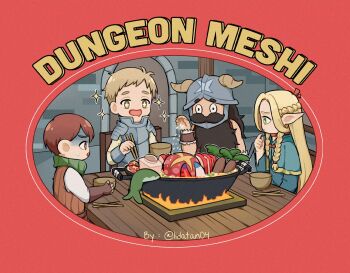 1girl 3boys armor beard black_hair blonde_hair blue_cape blue_robe border braid brown_eyes brown_hair cape chilchuck_tims chopsticks dungeon_meshi dwarf elf facial_hair fingerless_gloves gloves green_eyes highres holding holding_chopsticks hotpot laios_touden leather_wrist_straps lida_(lidalida04) long_hair marcille_donato multiple_boys mustache open_mouth pointy_ears red_border robe saliva senshi_(dungeon_meshi) short_hair sparkle sweatdrop table twin_braids twitter_username wooden_table