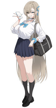 absurdres asuna_(blue_archive) asymmetrical_bangs bag black_socks blonde_hair blue_archive blue_bow blue_bowtie blue_halo bow bowtie button_gap commentary_request epko hair_over_one_eye halo highres holding holding_phone korean_commentary phone pleated_skirt school_bag school_uniform shoes skirt socks traditional_bowtie