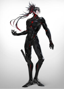 Rule 34 | 1boy, black eyes, black hair, cyborg, glowing, gradient background, hair between eyes, highres, holster, holstered, knife, long hair, male focus, mecha danshi, muscular, original, ponytail, reckless dog, science fiction, smile, solo, standing, teeth, weapon