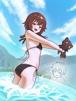 1girl :t animal bare_shoulders bikini black_bikini breasts brown_hair cat chomusuke day highres holding holding_animal holding_cat kono_subarashii_sekai_ni_shukufuku_wo! loli looking_at_viewer megumin nyunyuru ocean outdoors red_eyes satou_kazuma sky small_breasts smile solo_focus swimsuit wading water