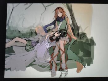 2others androgynous art_program_in_frame bare_legs black_eyes black_hair black_hairband black_hat black_kimono boots brown_eyes brown_shorts closed_mouth detached_sleeves eyes_visible_through_hair feet_out_of_frame full_body green_hakama green_kimono grey_background hair_between_eyes hair_rollers hairband hakama hakama_short_skirt hakama_skirt hand_on_own_thigh hat hat_ribbon highres hill japanese_clothes kariginu kimono lap_pillow leg_ribbon len&#039;en light_frown long_sleeves looking_at_viewer lying medium_hair multiple_others on_back on_grass orange_hair orange_sleeves other_focus other_with_male procreate_(medium) procreate_(software) purple_scarf red_ribbon reihi_(w) ribbon scarf senri_tsurubami short_kimono shorts sitting sketch skirt socks tate_eboshi tree two-sided_sleeves white_sleeves white_socks wide_sleeves zuifeng_tenkai