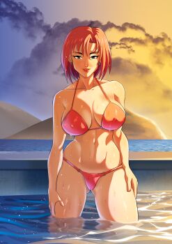 absurdres bikini breasts dangar_san earrings erect_niples green_eyes highres inbo jewelry large_breasts mature_female micro_bikini ocean pinup_(style) pool red_bikini red_hair saori_(inbo) short_hair soaking_wet sunset_background swimsuit tropical