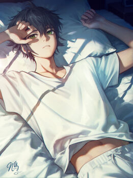 1boy absurdres black_hair commentary_request fingernails green_eyes hair_between_eyes highres hyakuya_yuuichirou lying male_focus midriff mmagmatagurta navel on_back on_bed owari_no_seraph pants pillow shirt short_hair signature solo sunlight white_pants white_shirt