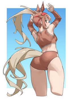 Rule 34 | 1girl, adjusting hair, animal ear fluff, animal ears, arms up, ass, ass focus, bare legs, bare shoulders, blue background, breasts, bridle, brown buruma, brown eyes, brown hair, brown sports bra, buruma, chestnut thoroughbred (kemono friends), commentary, cropped legs, detached sleeves, extra ears, from behind, from below, gradient background, gradient hair, highres, horse ears, horse girl, horse tail, kemono friends, kemono friends 3, long hair, long sleeves, looking at viewer, looking back, midriff, multicolored hair, paid reward available, ponytail, shirt, simple background, sleeveless, sleeveless shirt, small breasts, solo, sports bra, sportswear, tail, tanabe (fueisei), white hair