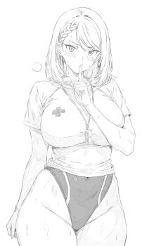 1girl blush braid breasts commentary_request cowboy_shot finger_to_mouth greyscale groin heavy_breathing impossible_clothes impossible_shirt index_finger_raised large_breasts lifeguard looking_at_viewer medium_hair monochrome one-piece_swimsuit ranhatu shirt short_sleeves shushing simple_background solo sweat swimsuit swimsuit_under_clothes whistle whistle_around_neck white_background wide_hips