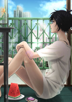 1girl balcony barefoot black_bra black_eyes black_hair bra cigarette city flower food fruit highres kowloon_generic_romance kujirai_reiko lighter looking_afar melon mole shelty shirt short_hair sky solo sunlight t-shirt underwear
