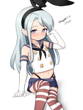 1girl absurdres black_hairband black_neckerchief black_panties blue_sailor_collar blue_skirt cosplay crop_top dated elbow_gloves gloves grey_eyes grey_hair hairband highleg highleg_panties highres kantai_collection maru_(marg0613) microskirt miniskirt neckerchief one-hour_drawing_challenge panties pleated_skirt sagiri_(kancolle) sailor_collar shimakaze_(kancolle) shimakaze_(kancolle)_(cosplay) shirt simple_background sitting skirt sleeveless sleeveless_shirt smile solo striped_clothes striped_thighhighs thighhighs twitter_username underwear white_background white_gloves