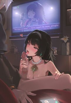 1boy 1girl astra_yao bead_necklace beads black_hair blush breasts cellphone closed_eyes commentary earrings erection evelyn_chevalier fellatio fingernails flat_screen_tv hair_intakes hairband handjob heart heart_in_eye highres incoming_call indoors jewelry juxtaposition licking licking_penis lipstick_ring long_hair looking_at_another medium_breasts necklace open_mouth oral paid_reward_available penis performance_juxtaposition phone pink_eyes rucarachi signature sitting smartphone symbol_in_eye television testicles uncensored white_hairband wise_(zenless_zone_zero) zenless_zone_zero