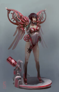 1girl black_hair bob_cut can christian_angel dr_pepper drink_can grey_background high_heels highres leotard mechanical_wings original short_hair soda_can solo standing wings