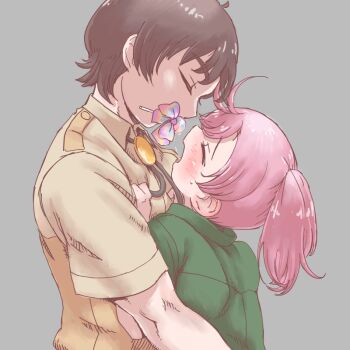 Rule 34 | 1boy, 1girl, blush, brown hair, brown shirt, candy, captain (kemono friends), closed eyes, collared shirt, food, green jacket, hair between eyes, height difference, implied after kiss, jacket, kemono friends, kemono friends 3, lollipop in mouth, maki (02uh14l1b740ao2), nana (kemono friends), pink hair, safari jacket, shirt, short hair, short sleeves, side ponytail, sidelocks, t-shirt