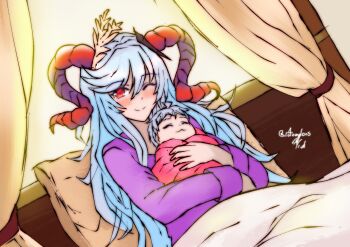 1girl 1other after_birth ahoge alternate_costume baby blanket blue_hair blush carrying carrying_baby carrying_person commentary curled_horns english_commentary fire_emblem fire_emblem_heroes freyja_(fire_emblem) goat_horns hair_between_eyes horns long_hair looking_at_viewer mother_and_child nintendo on_bed one_eye_closed pillow purple_shirt red_eyes red_horns rotomdocs scene_reference shirt smile very_long_hair