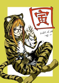 1girl black-framed_eyewear black_cat cat closed_mouth dated full_body glasses highres komatsubara_sei long_hair looking_at_viewer morgana_(persona_5) new_year onesie orange_hair persona persona_5 sakura_futaba smile