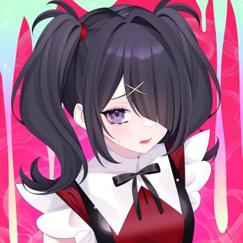 1girl absurdres ame-chan_(needy_girl_overdose) black_hair black_ribbon commentary dress eyelashes hair_intakes hair_ornament hair_over_one_eye highres looking_at_viewer lower_body medium_hair neck_ribbon needy_girl_overdose open_mouth parted_bangs purple_eyes red_dress ribbon sidelocks solo suspenders sweatdrop symbol-only_commentary twintails upper_body wanko_(yurika0320) x_hair_ornament