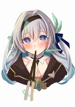 Rule 34 | 1girl, blue ribbon, breasts, brown hairband, brown jacket, cleavage, collared shirt, commentary request, firefly (honkai: star rail), food, food in mouth, gradient eyes, gradient hair, green pupils, grey hair, hair between eyes, hair ornament, hair ribbon, hairband, highres, honkai: star rail, honkai (series), jacket, long hair, multicolored eyes, multicolored hair, pocky, pocky in mouth, ribbon, shirt, simple background, solo, tomoe (pixiv 53856103), twitter username, white background, white shirt