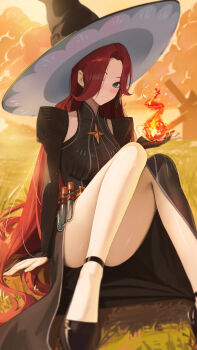 1girl absurdres afk_(series) afk_journey aqua_eyes black_dress black_gloves black_hat black_shoes blurry blurry_background blurry_foreground blush breasts brooch closed_mouth cloud commentary commentary_request dress earrings elbow_gloves fieryonion fire flaming_hand four-pointed_star gloves hair_over_one_eye hat highres jewelry knees_together_feet_apart large_breasts long_hair looking_at_viewer mirael_(afk) on_grass parted_bangs parted_hair partially_fingerless_gloves potion pyrokinesis red_hair shoes side_slit sitting sleeveless sleeveless_dress smile solo star_ornament straight_hair stud_earrings thighs vial windmill witch_hat