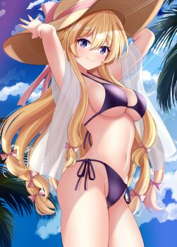 1girl absurdres arms_up bikini blonde_hair blue_sky bow breasts closed_mouth cloud commentary_request day hair_between_eyes hair_bow hat hat_ribbon helvetica_std highres long_hair looking_at_viewer medium_breasts navel outdoors palm_tree pink_bow purple_bikini purple_eyes ribbon side-tie_bikini_bottom sideboob sidelocks sky smile solo standing sun_hat sunlight swimsuit thighs touhou tree underboob very_long_hair yakumo_yukari