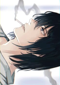 Rule 34 | 1boy, black eyes, black hair, chainsaw man, cigarette, eyelashes, hair undone, hayakawa aki, highres, hospital gown, lips, male focus, medium hair, mouth hold, ndsoda, nose, sideways, simple background, smoke, smoke trail, smoking, solo, white background