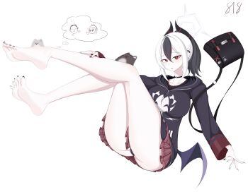 1girl barefoot black_hair blue_archive feet highres kayoko_(blue_archive) long_hair looking_at_viewer multicolored_hair panties pantyshot parted_lips ponytail red_eyes soles toes two-tone_hair underwear white_hair xuancai_xiao_chou_zhu