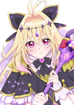 Rule 34 | 1girl, absurdres, antenna hair, black bow, black dress, black necktie, blonde hair, bow, braid, brooch, commentary request, cure arcana shadow, dress, earrings, gloves, gradient hair, hair between eyes, hair intakes, hair ornament, half up braid, heart, heart brooch, highres, holding, holding staff, jewelry, long hair, looking at viewer, magical girl, meitantei precure!, moria luluka, multicolored hair, necktie, pink eyes, pink hair, precure, purple nails, purple thighhighs, purple veil, solo, staff, tear arcana rod, thighhighs, veil, white gloves, yk yozuki