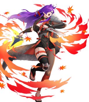 1girl attack black_choker breasts choker cleavage dagger female_shez_(fire_emblem) female_shez_(ninja)_(fire_emblem) fire fire_emblem fire_emblem:_three_houses fire_emblem_heroes fire_emblem_warriors:_three_hopes fishnet_pantyhose fishnets fur_scarf glowing glowing_weapon hair_bun hair_over_one_eye highres holding holding_dagger holding_knife holding_kunai holding_weapon japanese_clothes knife kunai leaf long_hair medium_breasts nintendo non-web_source official_alternate_costume official_art open_mouth pantyhose purple_eyes purple_hair sandals scarf single_fishnet_legwear single_leg_pantyhose solo v-shaped_eyebrows very_long_hair weapon