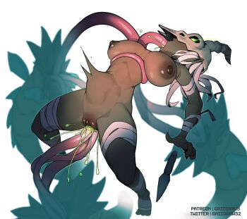 1girl animal_skull bandaged_arm bandaged_foot bandaged_leg bandages breasts commentary dark-skinned_female dark_skin english_commentary gaiidraws grabbed_by_tentacles green_eyes highres large_breasts long_hair mask multiple_vaginal naked_bandage nipples oral skull_mask skull_on_head slay_the_spire slay_the_spire_2 solo stomach_bulge tentacle_in_mouth tentacle_sex tentacles the_silent_(slay_the_spire) uncensored vaginal white_hair