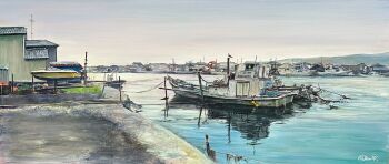 Rule 34 | absurdres, animal, boat, building, buoy, day, dock, highres, house, latex cult, no humans, original, painting (medium), reflection, reflective liquid, scenery, shore, traditional media, water, watercraft