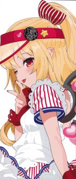 1girl ;p absurdres alternate_costume apron bow bowtie fang fang_out flandre_scarlet from_side gotoh_(nekocat) hair_bow highres long_hair looking_to_the_side nail_polish one_eye_closed pointy_ears ponytail red_bow red_bowtie red_eyes red_nails scan short_sleeves simple_background solo striped_bow striped_clothes third-party_source tongue tongue_out touhou v visor_cap white_apron white_background wings wrist_cuffs