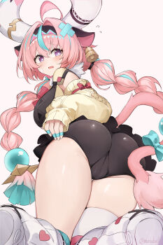 1girl ahoge animal_ears aqua_bow aqua_hair aqua_hairband arm_bow ass bandaid bandaid_on_cheek bandaid_on_face bell bell_earrings black_hairband black_skirt blush bow bowtie braid breasts cameltoe commentary cow_ears cow_girl cow_horns cow_tail cowbell earrings fingerless_gloves flying_sweatdrops genshin_impact gloves hair_ornament hairband highres horns jewelry large_breasts leg_warmers long_hair long_sleeves mou_tama_maru multicolored_hair multicolored_hairband open_mouth pink_background pink_bow pink_bowtie pink_hair pink_hairband purple_eyes ribbed_sleeves simple_background single_earring skirt sleeve_garter sleeves_past_wrists solo streaked_hair tail tail_bow tail_ornament thighhighs thighs twin_braids twintails twitter_username varesa_(genshin_impact) white_horns white_leg_warmers white_thighhighs yellow_sleeves