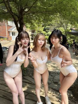 3girls aoyama_hikaru breasts cleavage highres iori_io leaf multiple_girls one-piece_swimsuit otowa_mina photo_(medium) swimsuit twintails white_one-piece_swimsuit