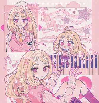 1girl ahoge akamatsu_kaede arrow_(symbol) blonde_hair blush breasts character_name chibi collared_shirt commentary crest danganronpa_(series) danganronpa_v3:_killing_harmony eyelashes film_grain fortissimo hair_ornament heart highres instrument kneehighs long_hair long_sleeves looking_at_viewer musical_note musical_note_hair_ornament musical_note_print necktie outline piano pink_outline pink_sweater_vest pink_theme pink_vest pleated_skirt purple_eyes school_uniform shirt skirt smile socks star_(symbol) sweater_vest user_jxyx4535 vest white_bag white_shirt