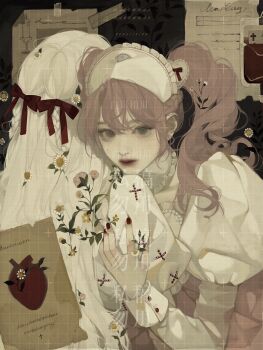 2girls absurdres baichuan_baichuan bow braid brown_eyes choker chrysanthemum closed_mouth cross dress eyelashes eyeshadow flower frills hair_bow hair_ornament hat heart_(organ) highres hug juliet_sleeves lips long_hair long_sleeves looking_at_viewer makeup multiple_girls nurse_cap original paper pink_hair puffy_sleeves red_bow red_lips sidelocks solo_focus twintails upper_body white_choker white_flower white_hair