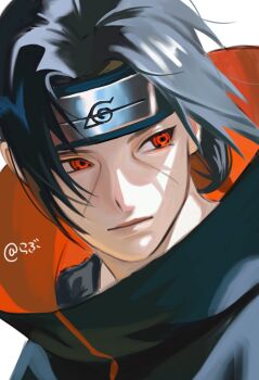 1boy akatsuki_uniform black_hair black_headband black_robe closed_mouth collared_robe commentary_request facial_mark forehead_protector headband highres konohagakure_symbol looking_to_the_side luv_chan55 male_focus naruto_(series) naruto_shippuuden parted_hair portrait red_eyes red_robe robe sharingan sideways_glance simple_background solo two-sided_robe uchiha_itachi white_background