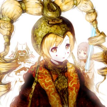 2girls akemi_homura bad_id bad_pixiv_id beard blonde_hair cosplay darth_vader darth_vader_(cosplay) djasal drill_hair facial_hair hair_ornament kyubey mahou_shoujo_madoka_magica mahou_shoujo_madoka_magica_(anime) makeup mongolian_clothes multiple_girls obi-wan_kenobi obi-wan_kenobi_(cosplay) padme_amidala padme_amidala_(cosplay) sketch star_wars tomoe_mami twin_drills twintails yellow_eyes yoshinogai