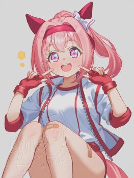 Rule 34 | 1girl, absurdres, animal ears, bandaid, bandaid on leg, blush, bow, breasts, buruma, ear bow, ear covers, fingerless gloves, flower-shaped pupils, flower in eye, gloves, hairband, haru urara (bestest prize) (umamusume), haru urara (umamusume), headband, highres, horse ears, horse girl, horse tail, jacket, long hair, looking at viewer, open mouth, pink buruma, pink eyes, pink hair, pink headband, ponytail, red buruma, red gloves, red headband, shirt, smile, solo, symbol-shaped pupils, symbol in eye, tail, teeth, umamusume, upper teeth only, white jacket, white shirt, yuna (meoowpuffs)