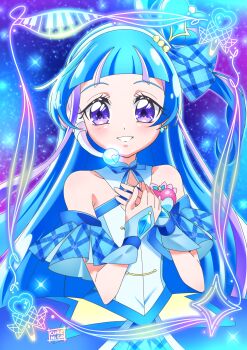 Rule 34 | 1girl, aokaze nana, armpit crease, bare shoulders, blue hair, blue theme, breasts, collarbone, commentary request, cure nico, cure wink, dress, hands on own chest, headphones, highres, idol, idol clothes, idol heart brooch (precure), idol heart incom, kimi to idol precure, long hair, looking at viewer, medium breasts, multicolored hair, open mouth, plaid clothes, plaid ribbon, plaid sleeves, precure, purple eyes, purple hair, ribbon, short sleeves, smile, solo, strapless, strapless dress