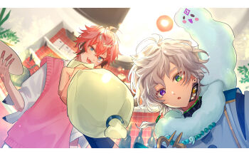 2boys :o absurdres akagi_wen akagi_wen_(1st_costume) animal animal_around_neck blue_eyes bottle brown_hair commentary_request cooking fur_collar green_eyes heterochromia highres holding holding_pastry_bag holding_plate indoors japanese_clothes kariginu letterboxed long_sleeves looking_down male_focus matochi_(fa) multiple_boys murakumo_kagetsu murakumo_kagetsu_(1st_costume) nijisanji pastry_bag pink_hair pink_vest plate purple_eyes shirt upper_body vest virtual_youtuber watakumo_(murakumo_kagetsu) white_hair white_shirt