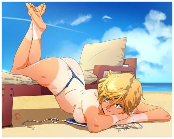 1990s_(style) 1girl absurdres ass barefoot beach beach_chair bikini bishoujo_senshi_sailor_moon blonde_hair blue_eyes bra breasts cloud cloudy_sky feet fritz_willie highres lying ocean on_stomach open_bra retro_artstyle sailor_uranus short_hair sideboob sky swimsuit tan tanline ten&#039;ou_haruka thong topless_female underwear