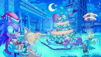 2girls 6+boys amy_rose big_the_cat chao_(sonic) christmas commentary crescent_moon dr._eggman drawntildawn english_commentary flicky_(character) furry furry_female furry_male gift hat highres knuckles_the_echidna moon multiple_boys multiple_girls rouge_the_bat santa_costume santa_hat shadow_the_hedgehog smile snow snowing sonic_(series) sonic_adventure sonic_adventure_2 sonic_the_hedgehog station_square_(sonic) tails_(sonic)