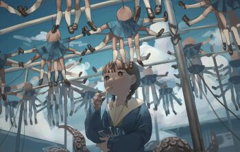 6+girls black_footwear blue_skirt braid cloud cloudy_sky eating extra_legs green_neckwear low_twin_braids monster_girl multiple_girls original outdoors sailor_collar school_uniform scylla shoes skirt sky socks tensen_(dotted_line) tentacles twin_braids what white_sailor_collar