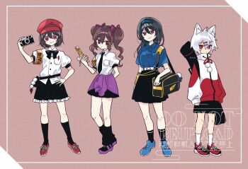 Rule 34 | 4girls, alternate costume, alternate headwear, animal ear fluff, animal ears, arm behind back, armband, bag, belt, black bag, black bow, black bowtie, black necktie, black skirt, black socks, blue hairband, blue shirt, blue shoes, bow, bowtie, brown background, brown hair, camera, cellphone, closed mouth, clothes around waist, collared shirt, commentary request, contemporary, flip phone, frilled skirt, frills, full body, grey hair, hair between eyes, hair ornament, hairband, hairclip, hat, highres, himekaidou hatate, holding, holding camera, holding phone, iizunamaru megumu, inubashiri momiji, jacket, katsuragi atori, kneehighs, long hair, long sleeves, looking at viewer, missing headwear, missing wings, multicolored jacket, multiple girls, necktie, orange armband, parallel hairclips, phone, purple sweater, red eyes, red hat, red jacket, red shoes, school uniform, shameimaru aya, shirt, shoes, short sleeves, shoulder bag, skirt, smile, sneakers, socks, sweater, sweater around waist, touhou, translation request, twintails, two-tone jacket, watermark, white belt, white jacket, white shirt, white socks, wolf ears, wolf girl