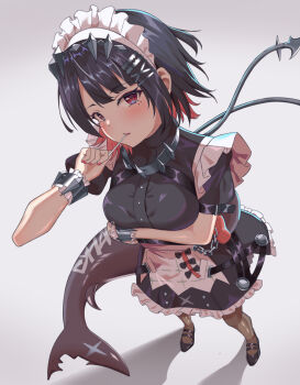 1girl apron arm_under_breasts black_dress black_hair black_pantyhose blush breasts candy commentary_request dress ellen_joe fins fish_tail food frilled_hairband frilled_wrist_cuffs frills hairband highleg holding holding_candy holding_food holding_lollipop large_breasts lollipop maid maid_apron maid_headdress mole mole_under_eye pantyhose parted_lips pink_hair puffy_short_sleeves puffy_sleeves red_eyes shark_girl shark_tail short_hair short_sleeves solo tail vel0x_s white_wrist_cuffs wrist_cuffs zenless_zone_zero