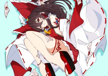 1girl absurdres ahoge anklet ascot bare_shoulders bead_anklet beads between_fingers blue_background bow brown_hair commentary detached_sleeves double-parted_bangs eyelashes feet flower_ornament frilled_bow frilled_hair_tubes frills full_body hair_between_eyes hair_bow hair_tubes hakurei_reimu highres holding jewelry knees_together_feet_apart knees_up leg_ribbon long_hair long_sleeves looking_at_viewer nail_polish nontraditional_miko ofuda ofuda_between_fingers ofuda_on_clothes ofuda_on_leg okobo orb parted_lips platform_sandals red_bow red_eyes red_nails red_ribbon red_skirt ribbon ribbon-trimmed_sleeves ribbon_trim sandals shadow sidelocks simple_background skindentation skirt skirt_set solo thigh_ribbon thighs toenail_polish toenails touhou unanooo_(fthx7532) wide_sleeves yellow_ascot yin_yang yin_yang_orb