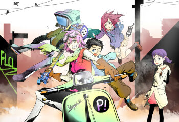 Rule 34 | 1boy, 3girls, animal, barbara (y01251214), black socks, blue eyes, blue jacket, blue socks, boots, brown eyes, brown gloves, brown shorts, canti, cat, city, copyright name, electric guitar, feet out of frame, flcl, full body, gloves, graffiti, green jacket, grey jacket, guitar, haruhara haruko, highres, holding, holding guitar, holding hands, holding instrument, instrument, jacket, latex, looking at viewer, motor vehicle, multiple girls, nandaba naota, ninamori eri, one eye closed, pink hair, ponytail, purple hair, red shirt, robot, samejima mamimi, scooter, shirt, short hair, shorts, skirt, smile, socks, sticker, vespa, white boots, white sleeves, yellow eyes