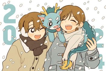 Rule 34 | 1boy, 1girl, 2024, black eyes, blush, bright pupils, brown coat, brown hair, brown scarf, closed eyes, coat, grey coat, highres, long sleeves, one eye closed, original, scarf, short hair, sihyun25, simple background, smile, snowing, teeth, upper teeth only, white background, white pupils, white scarf