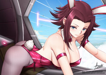 1girl adsouto animal_ears arm_strap ass bow bowtie breasts cockpit code_geass commentary detached_collar english_commentary fake_animal_ears fake_tail green_eyes highres kouzuki_kallen large_breasts leotard looking_at_viewer lying on_stomach pantyhose pink_leotard playboy_bunny rabbit_ears rabbit_tail red_hair shiny_clothes shiny_skin signature solo strapless strapless_leotard tail