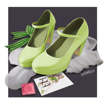 Rule 34 | 1girl, black background, border, bow, christmas, condom, condom wrapper, dress, fur trim, green bow, green dress, green footwear, green ribbon, high heels, highres, love live!, love live! school idol project, minami kotori, no humans, photo (object), red eyes, ribbon, shoes, simple background, single shoe, socks, solo, striped bow, striped ribbon, unworn shoes, unworn socks, virtual youtuber, white border, xnnagu